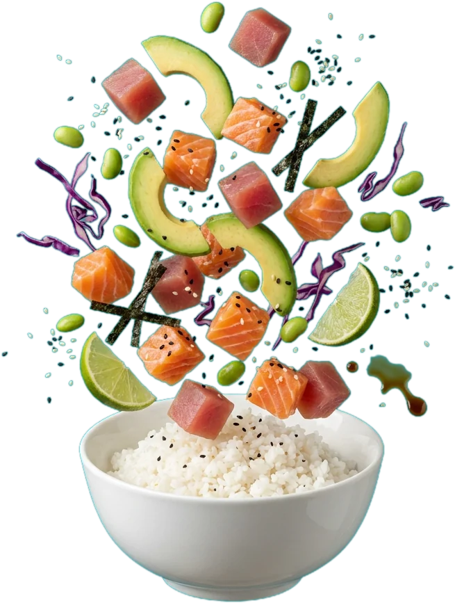 Poké bowl rozložený ve vzduchu — rýže, losos, tuňák, avokádo, edamame a limetka
